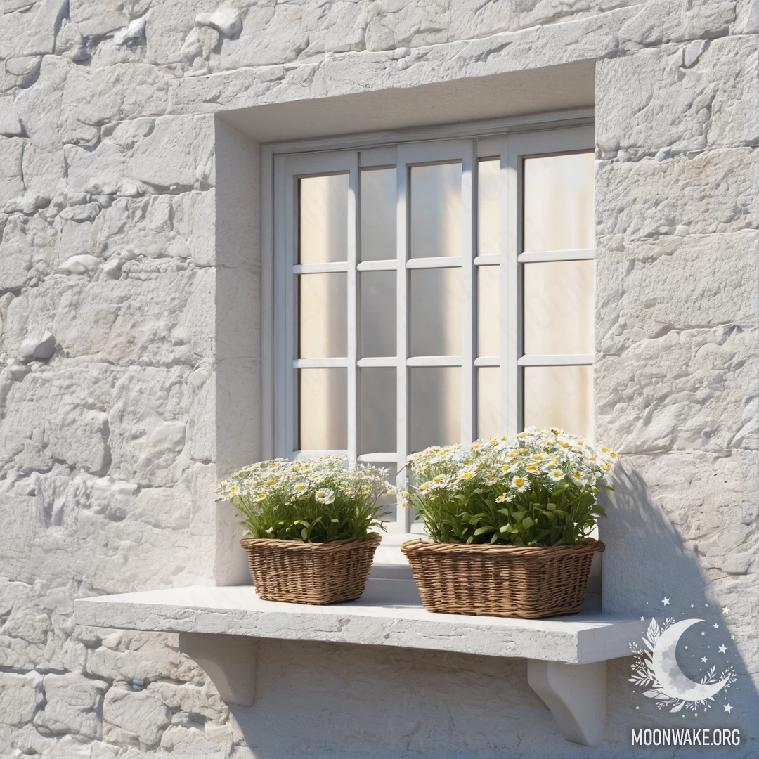 A photorealistic image of a white stone wall with an open window, where a basket of daisies rests on the windowsill, illuminated by sun rays.