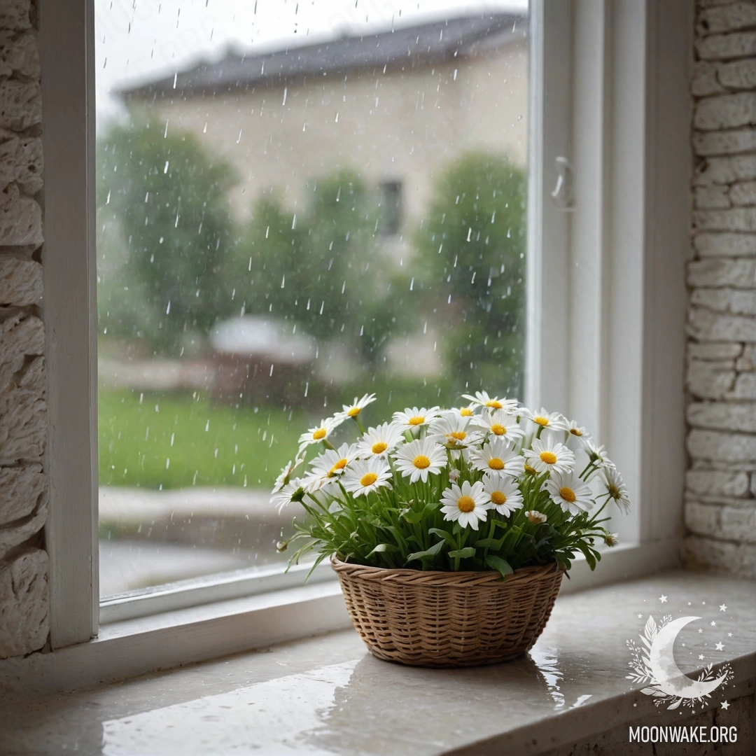 A serene white stone wall with an open window and a basket of daisies on the sill, gently rained upon.