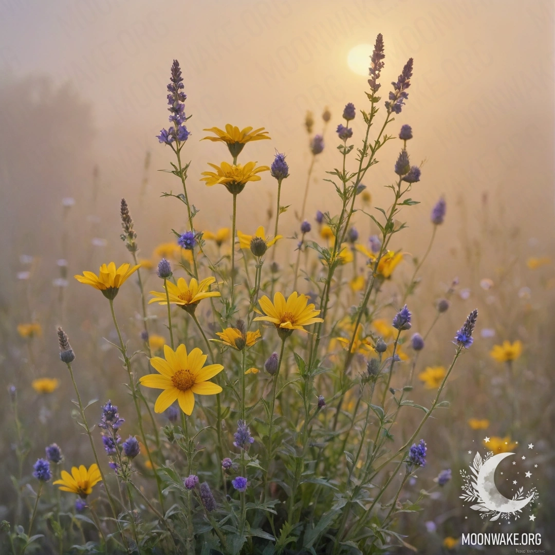 A bouquet of yellow wildflowers in the fog during sunset.