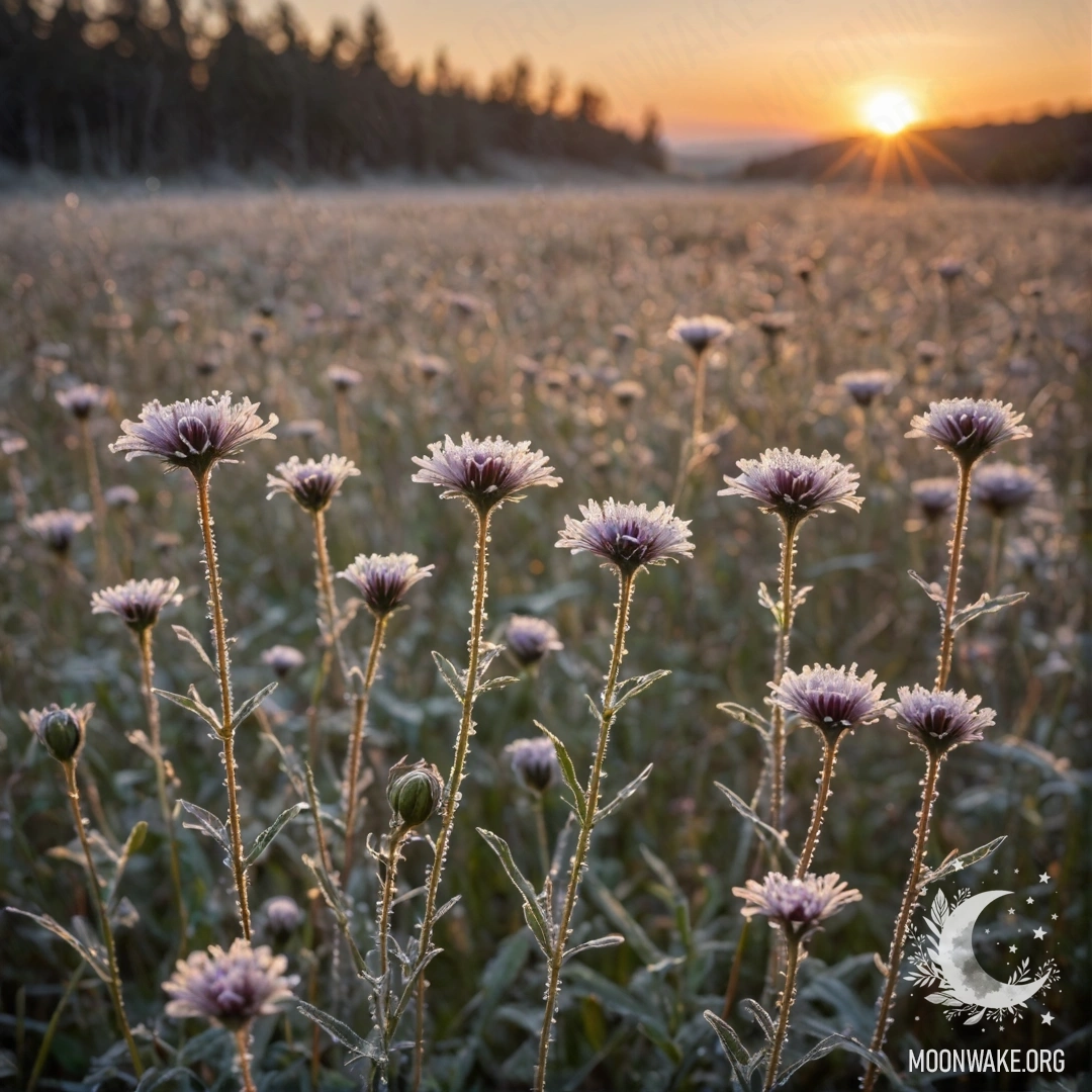 Wildflowers in Frost at Sunset A breathtaking view of wildflowers covered in frost against a sunset backdrop in shades of coffee color.