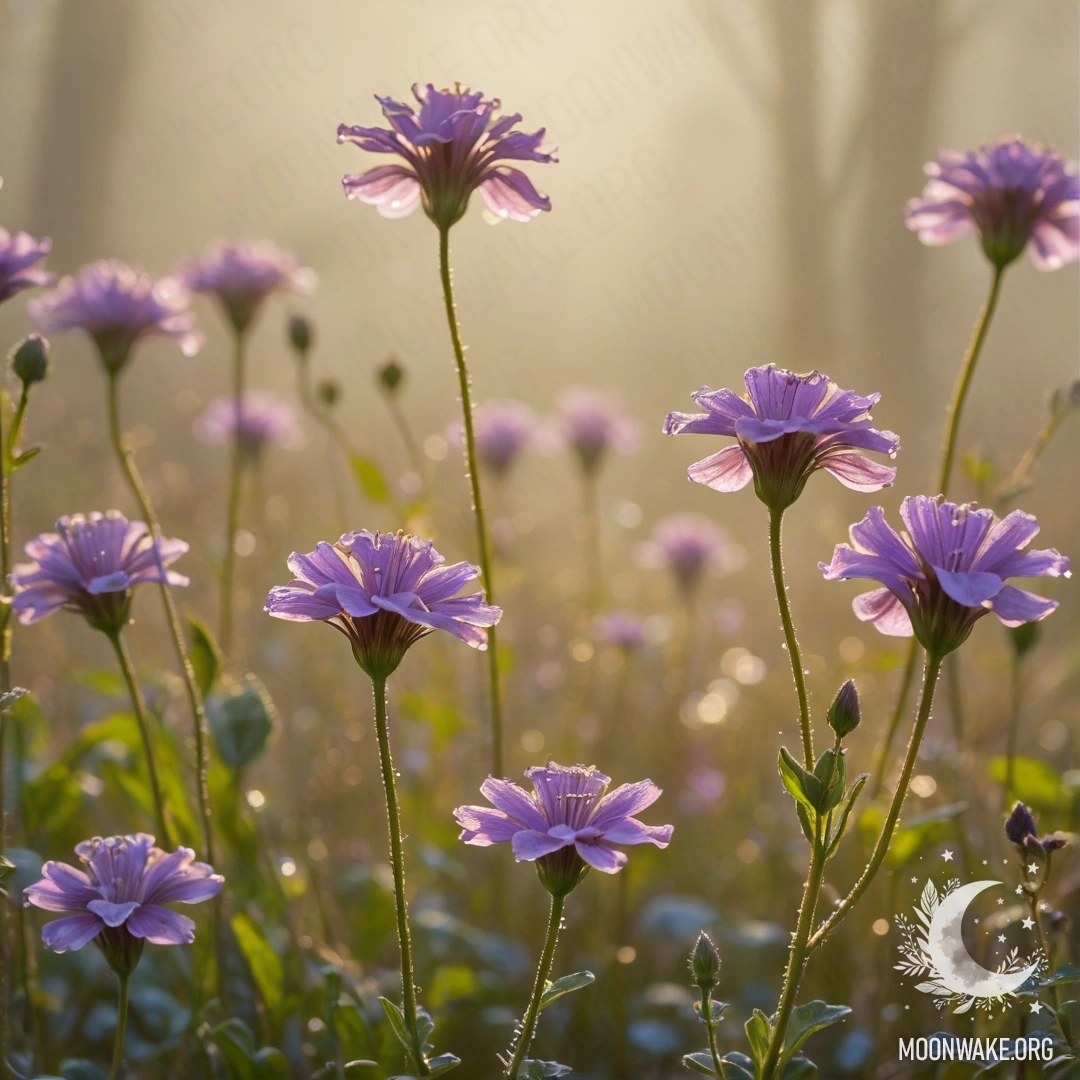 A serene scene of wildflowers in purple surrounded by fog and sunny rays, embellished with rhinestones.