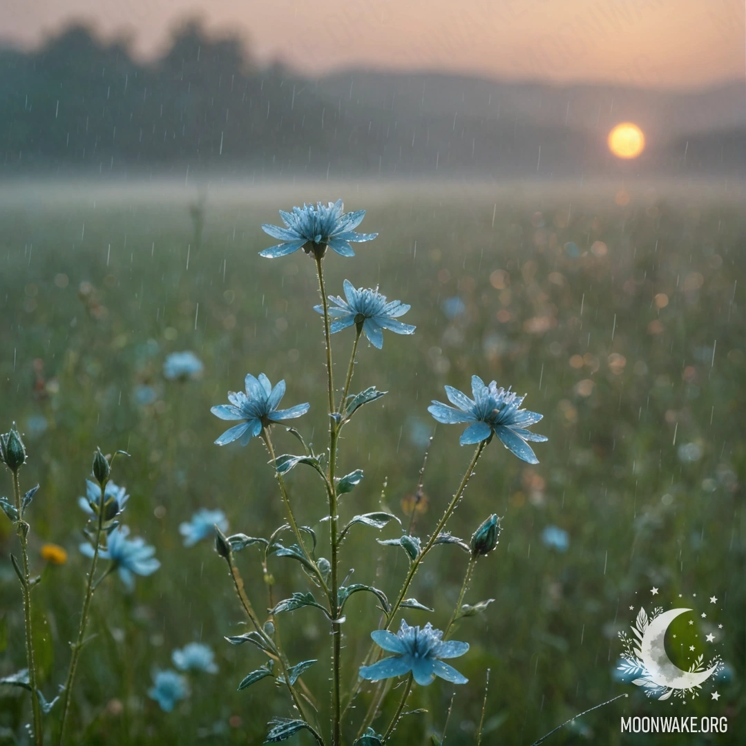 Wildflowers in the Mist at Sunset A serene scene of colorful wildflowers shrouded in mist, under gentle rain during sunset, with aquamarine hues illuminating the landscape.