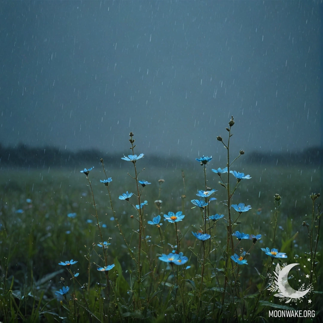 A serene scene of wildflowers in a misty rain at night, with a sky blue background.