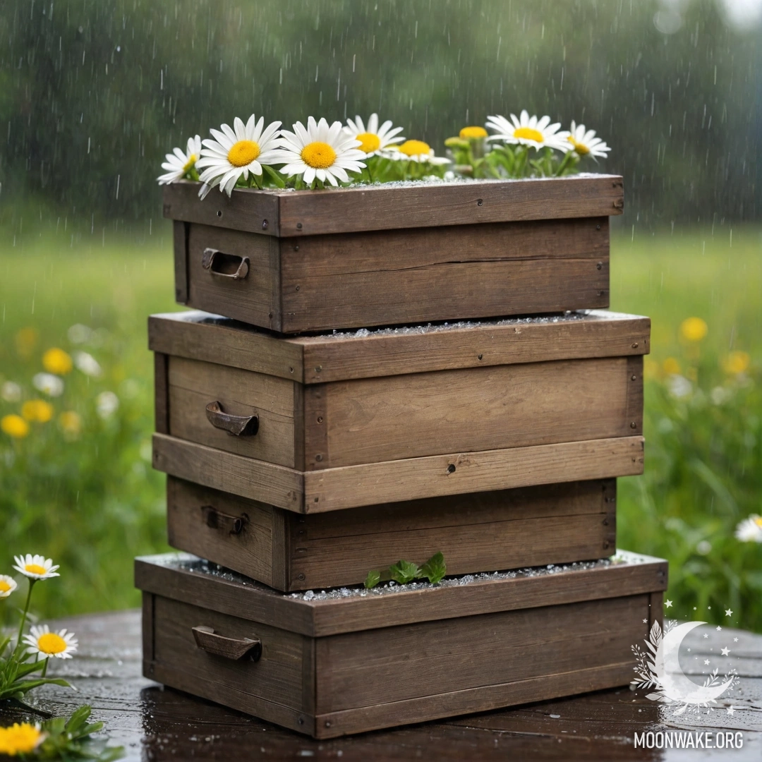 Two shabby wooden boxes stacked, with daisies resting on top, drenched in rain.