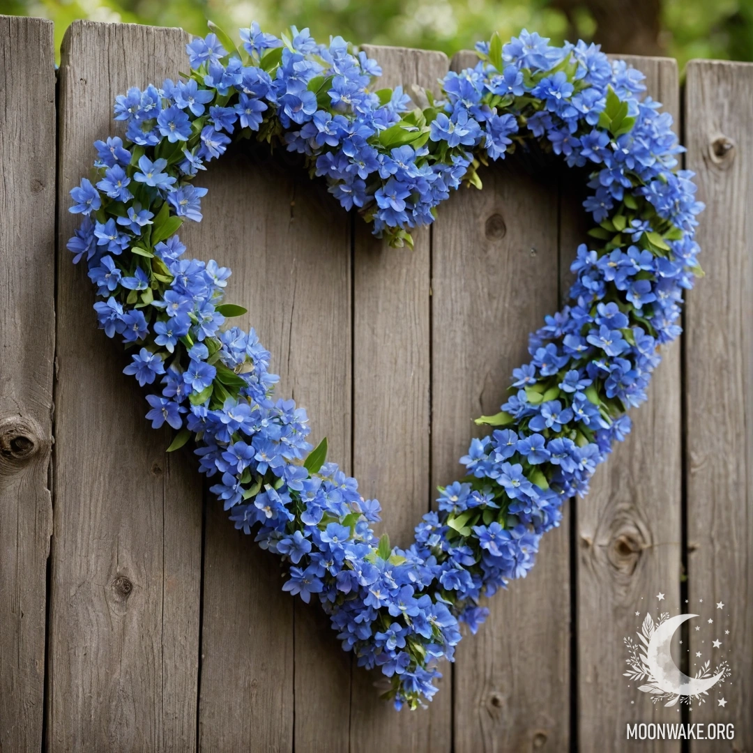 Peaceful Wooden Fence with Heart-Shaped Floral Wreath A close-up of an old wooden fence adorned with a heart-shaped wreath of blue flowers and glowing garland lights.