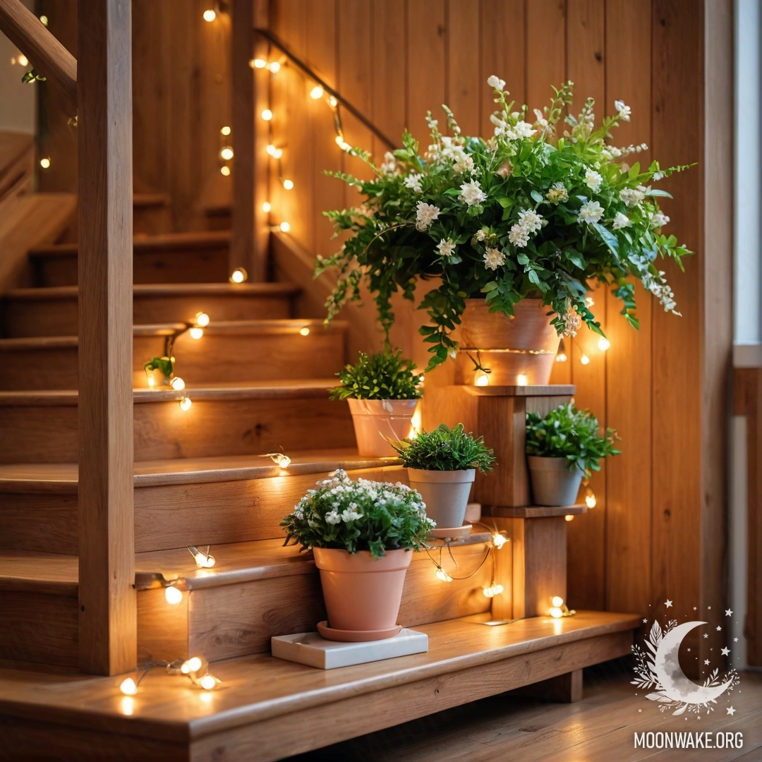A picturesque wooden staircase adorned with flowerpots and sparkling garland lights.