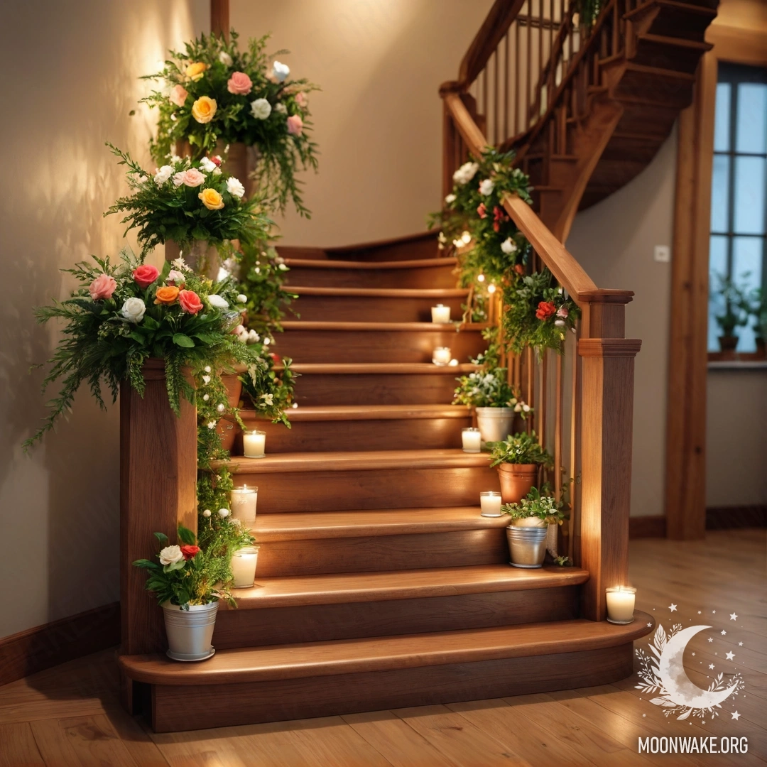 A wooden staircase adorned with flowerpots and delicate garland lights.