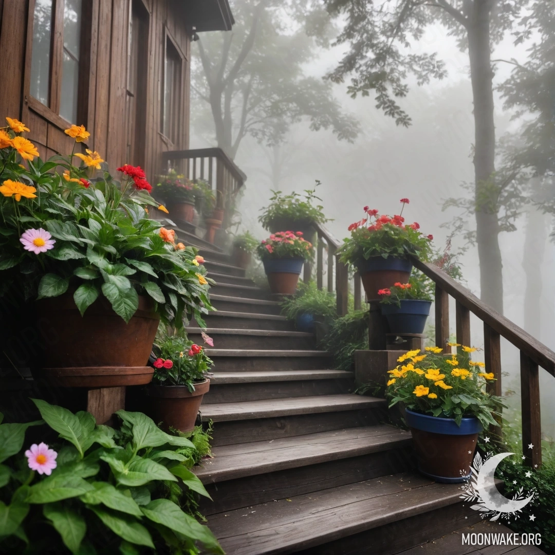 A wooden staircase surrounded by dense mist and flowerpots.