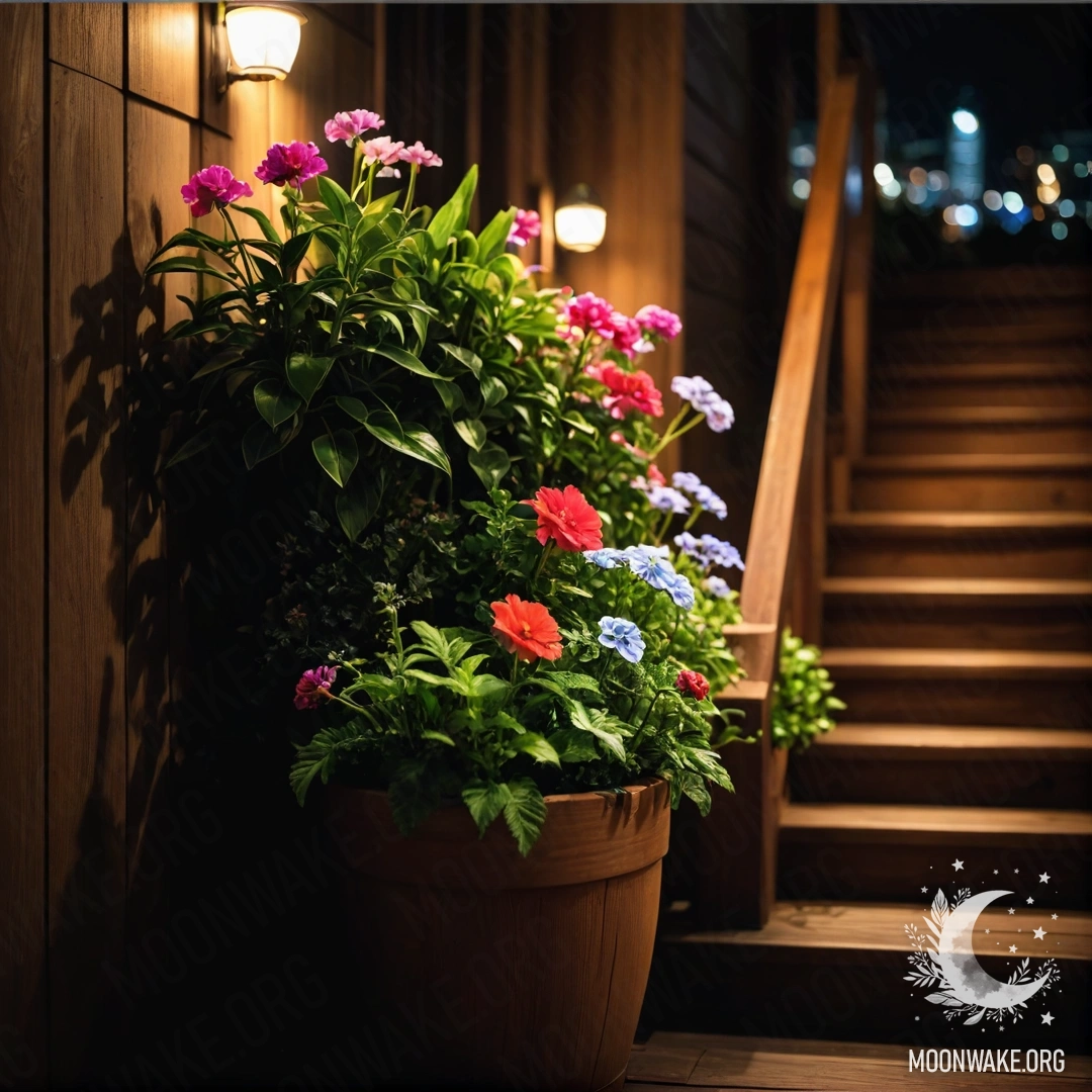 A wooden staircase adorned with flowerpots under the night sky.