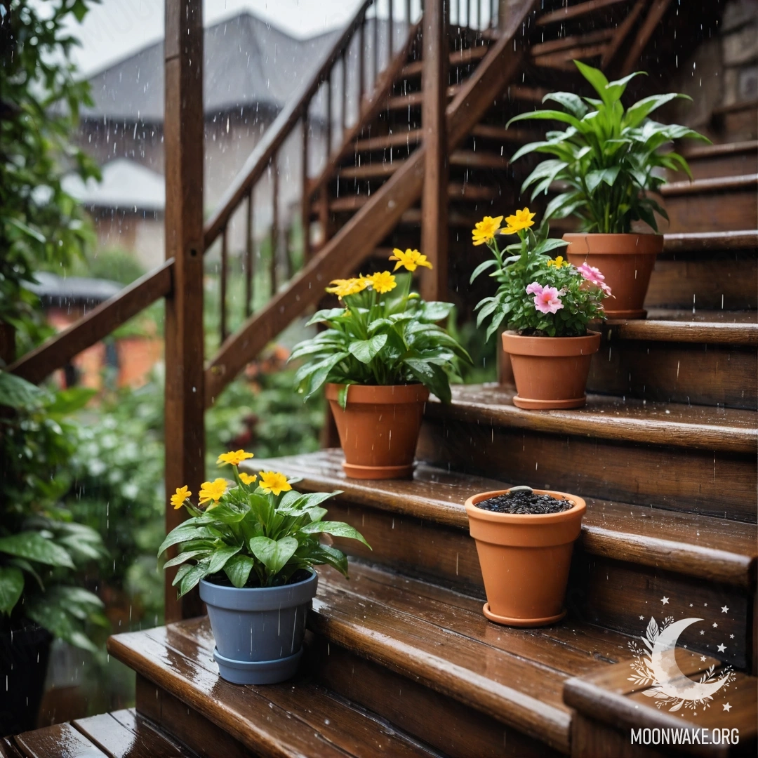 Wooden Staircase with Flowerpots in the Rain A cozy wooden staircase adorned with flowerpots, drenched in the rain.