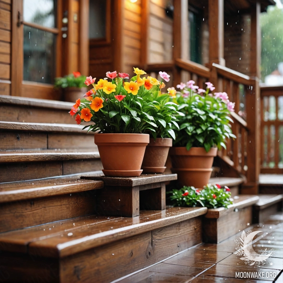 A wooden staircase adorned with flowerpots beneath a gentle rain.