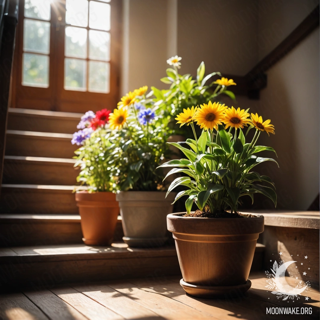 A wooden staircase adorned with flowerpots, lit by sun rays.