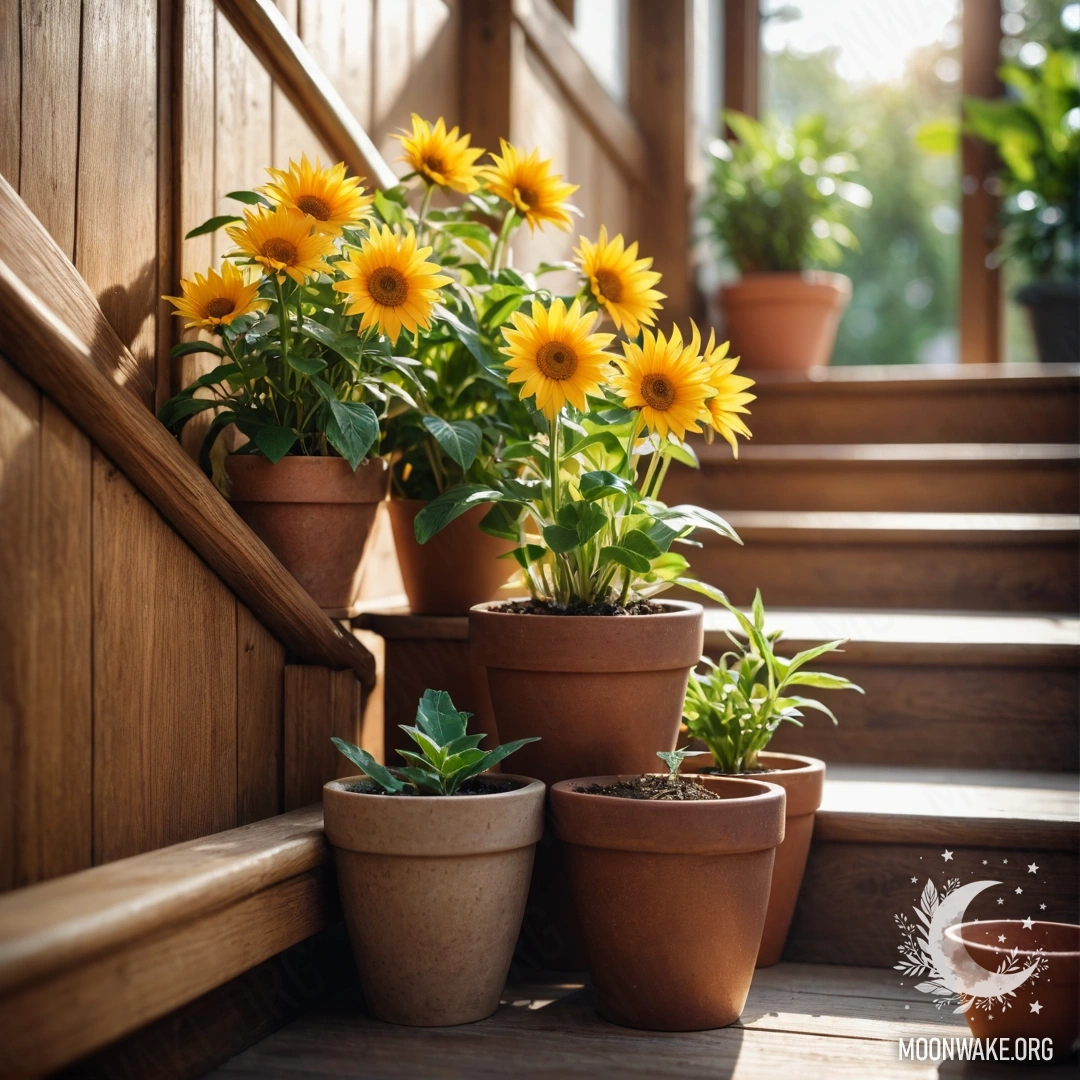 A wooden staircase adorned with flowerpots gently illuminated by sunlight.