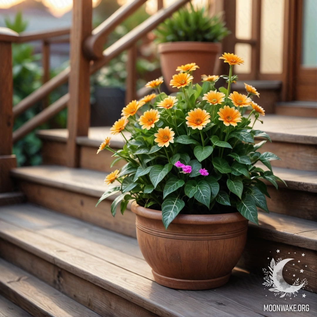 Charming Sunset on a Wooden Staircase A wooden staircase adorned with flowerpots bathed in the warm glow of sunset.