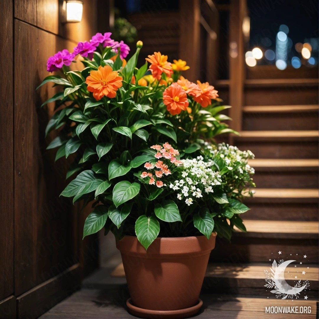 A beautiful wooden staircase illuminated at night, adorned with flowerpots.