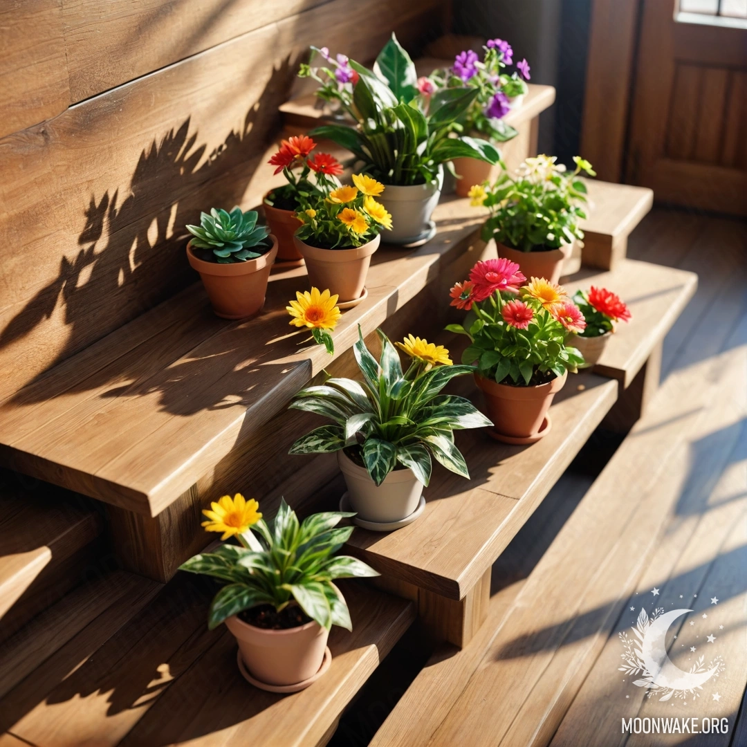 Charming Wooden Staircase Bathed in Sunlight A charming view of a wooden staircase adorned with flowerpots soaking in sunlight.