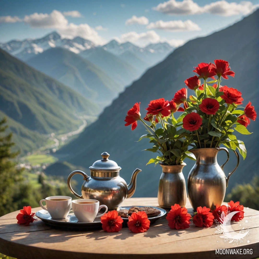 A beautiful wooden table adorned with a jar of red flowers, a coffee pot, and cups with a garland of lights, set against majestic mountains.