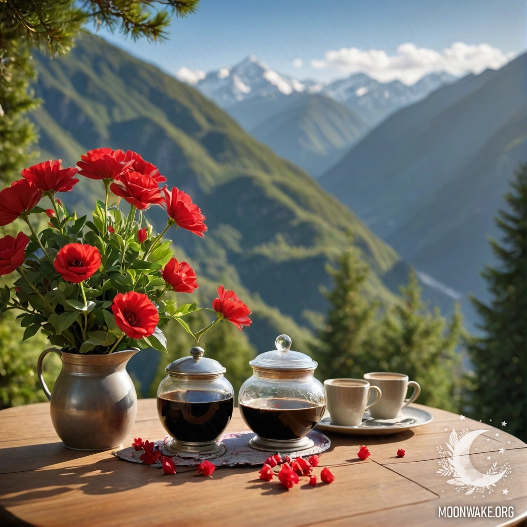 A wooden table with a jar of red flowers, a coffee pot, and cups illuminated by garland lights, against a mountain backdrop.