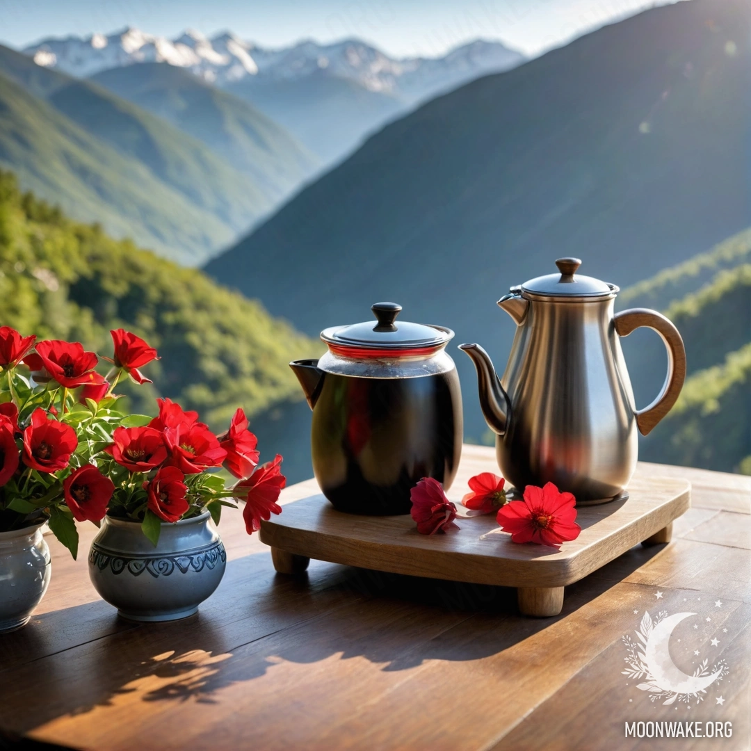 An abstract wooden table set against mountain scenery, featuring a jar of red flowers, a coffee pot, and cups illuminated by sunlight.