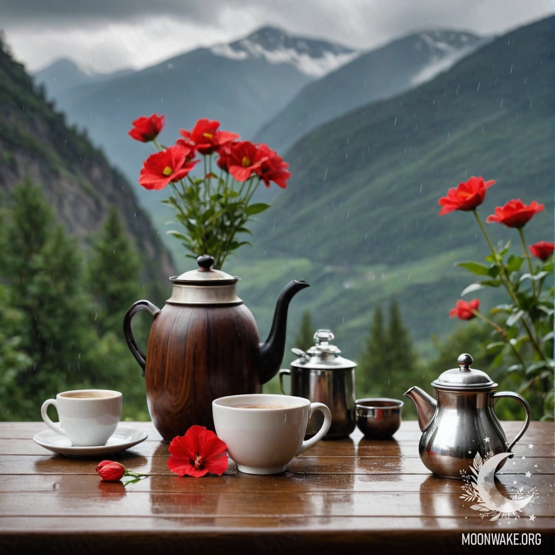 Wooden Table with Flowers and Coffee in the Rain A photorealistic depiction of a wooden table with a jar of red flowers, a coffee pot, and cups, set against a mountainous background in the rain.
