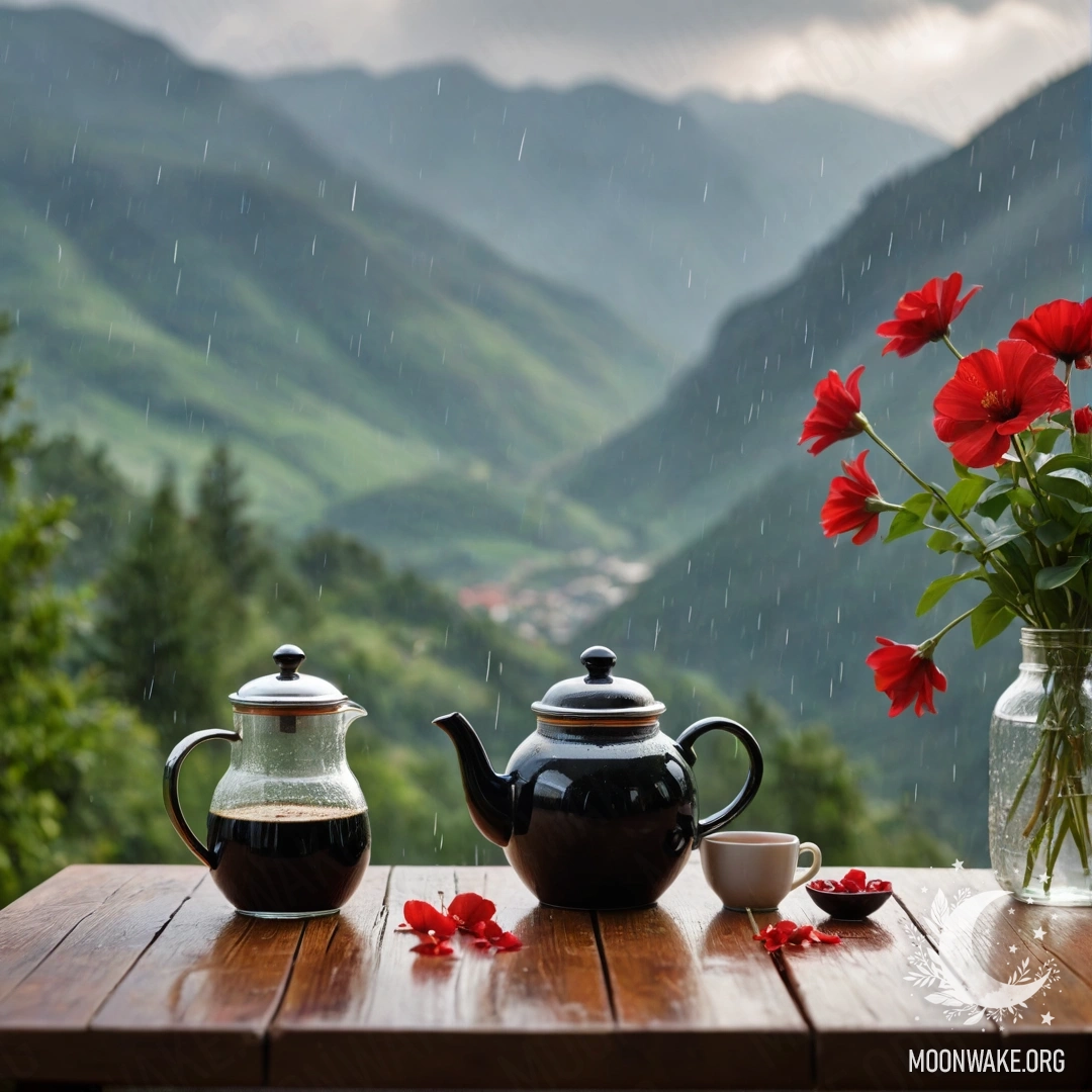 An abstract wooden table set against majestic mountains, adorned with a jar of red flowers, a coffee pot, and cups in the rain.