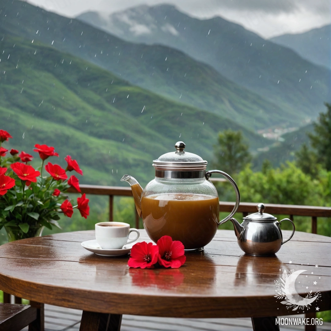 A photorealistic depiction of a wooden table adorned with a jar of red flowers, a coffee pot, and cups, set against a mountain backdrop amidst rainfall.
