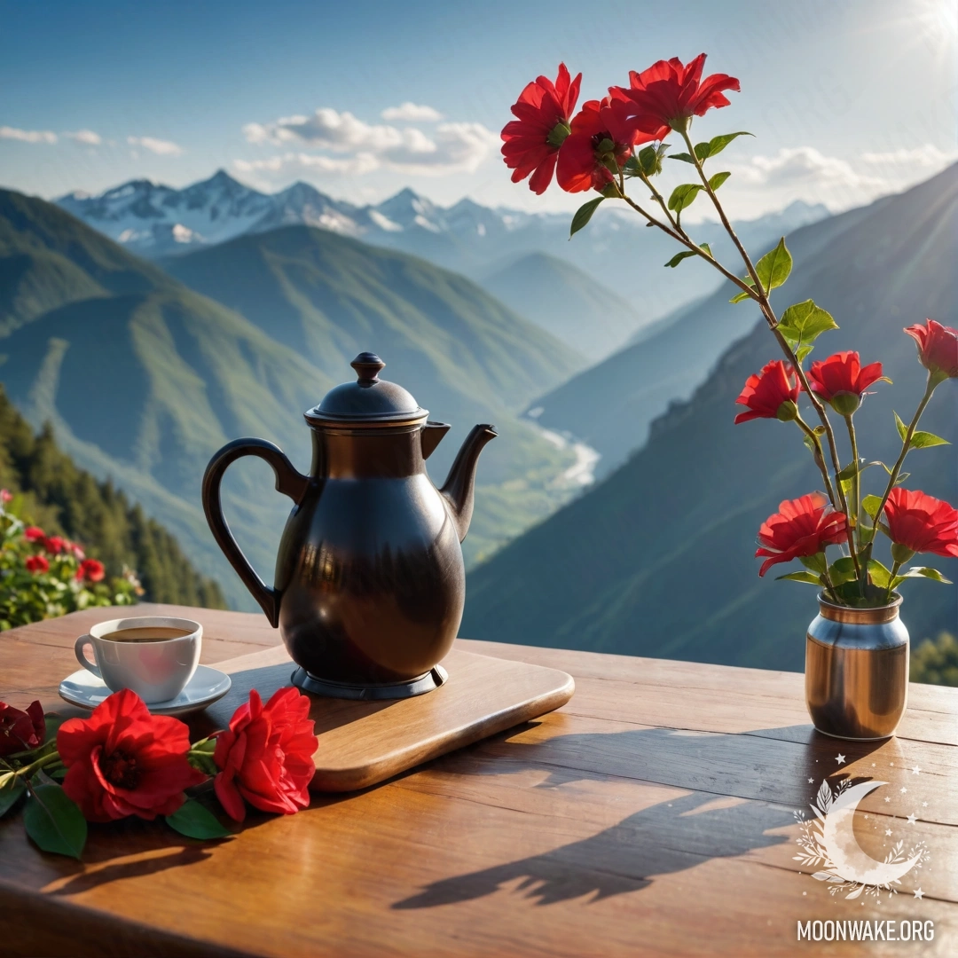 Charming Wooden Table with Flowers and Coffee A wooden table set against mountainous backdrop with flowers and coffee.