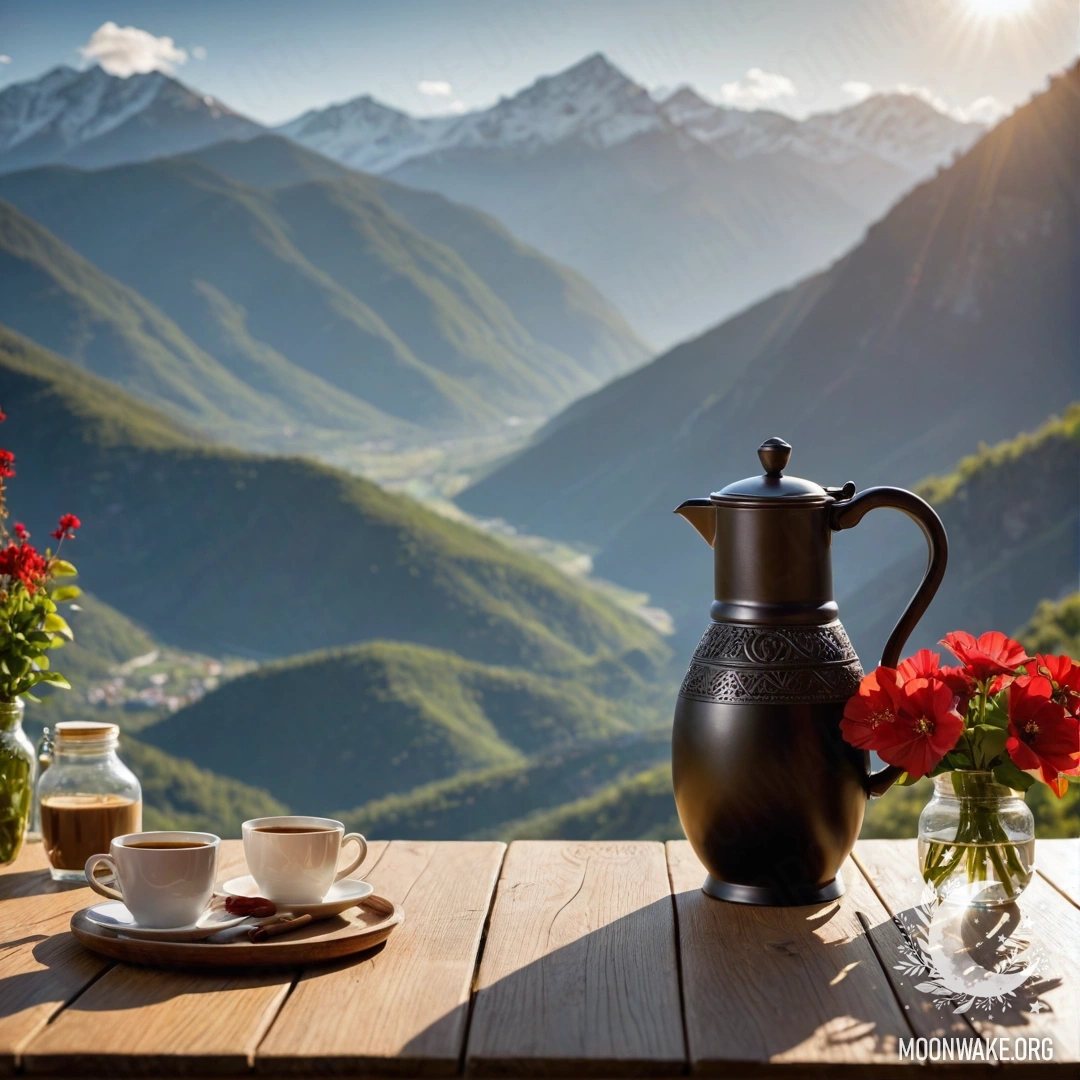 Scenic Wooden Table with Flowers and Mountains A wooden table with a jar of red flowers, a coffee pot, and cups, set against a mountainous backdrop with sun rays.