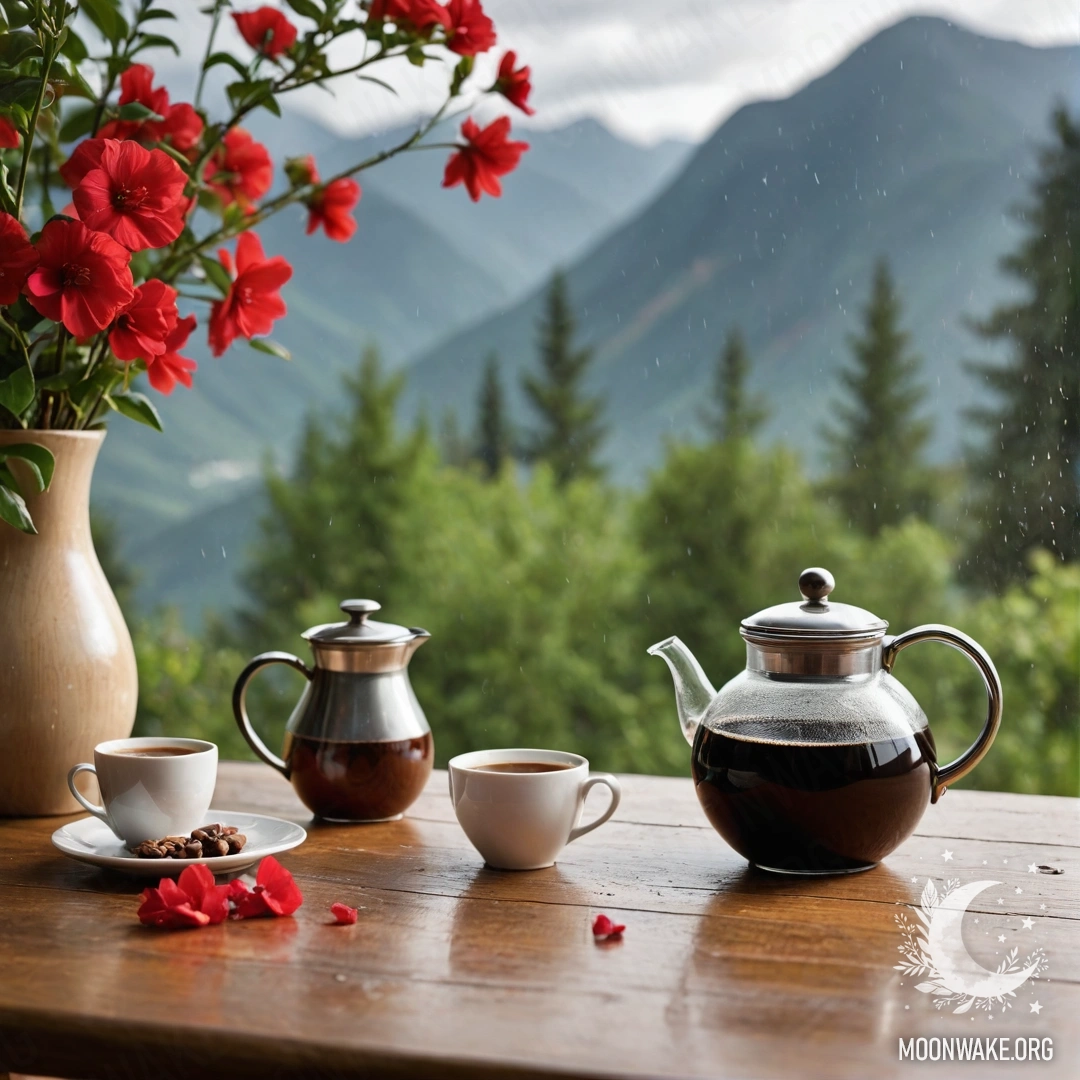An abstract wooden table with red flowers, a coffee pot, and cups under rain, against a mountain background.
