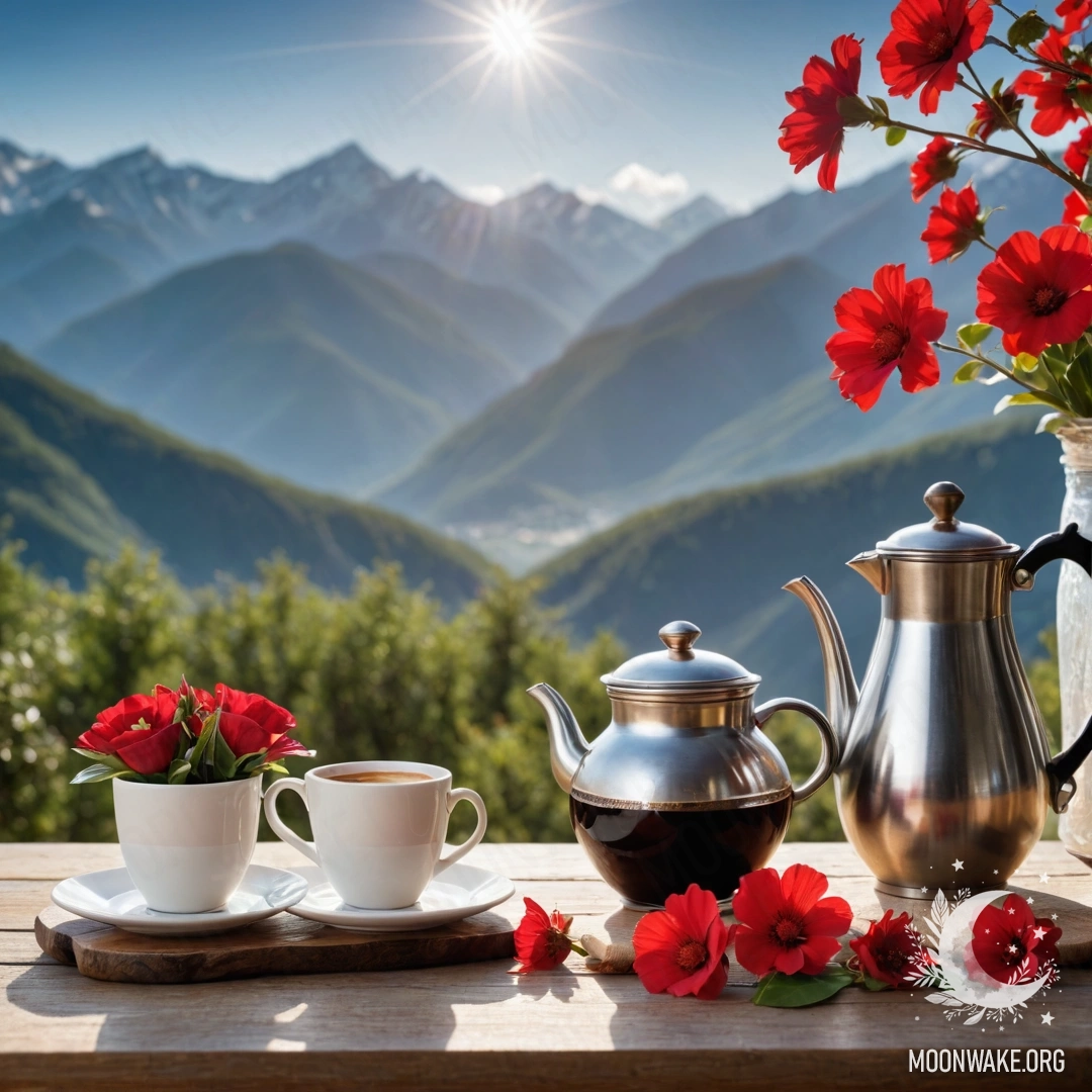 A scenic view featuring a wooden table adorned with red flowers, a coffee pot, and cups, set against the backdrop of majestic mountains, illuminated by gentle sun rays.