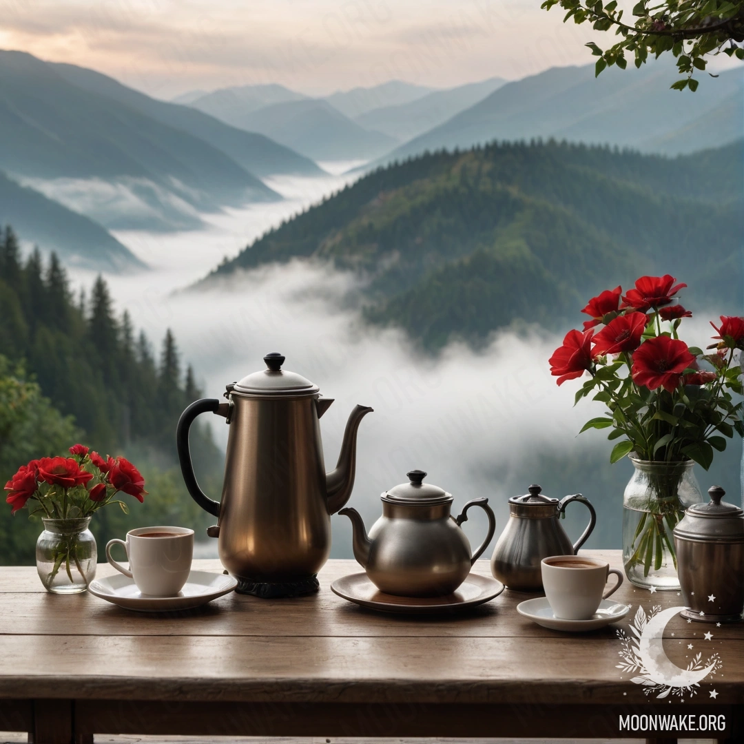 A wooden table with a jar of red flowers, a coffee pot, and cups, set against a misty mountain backdrop.