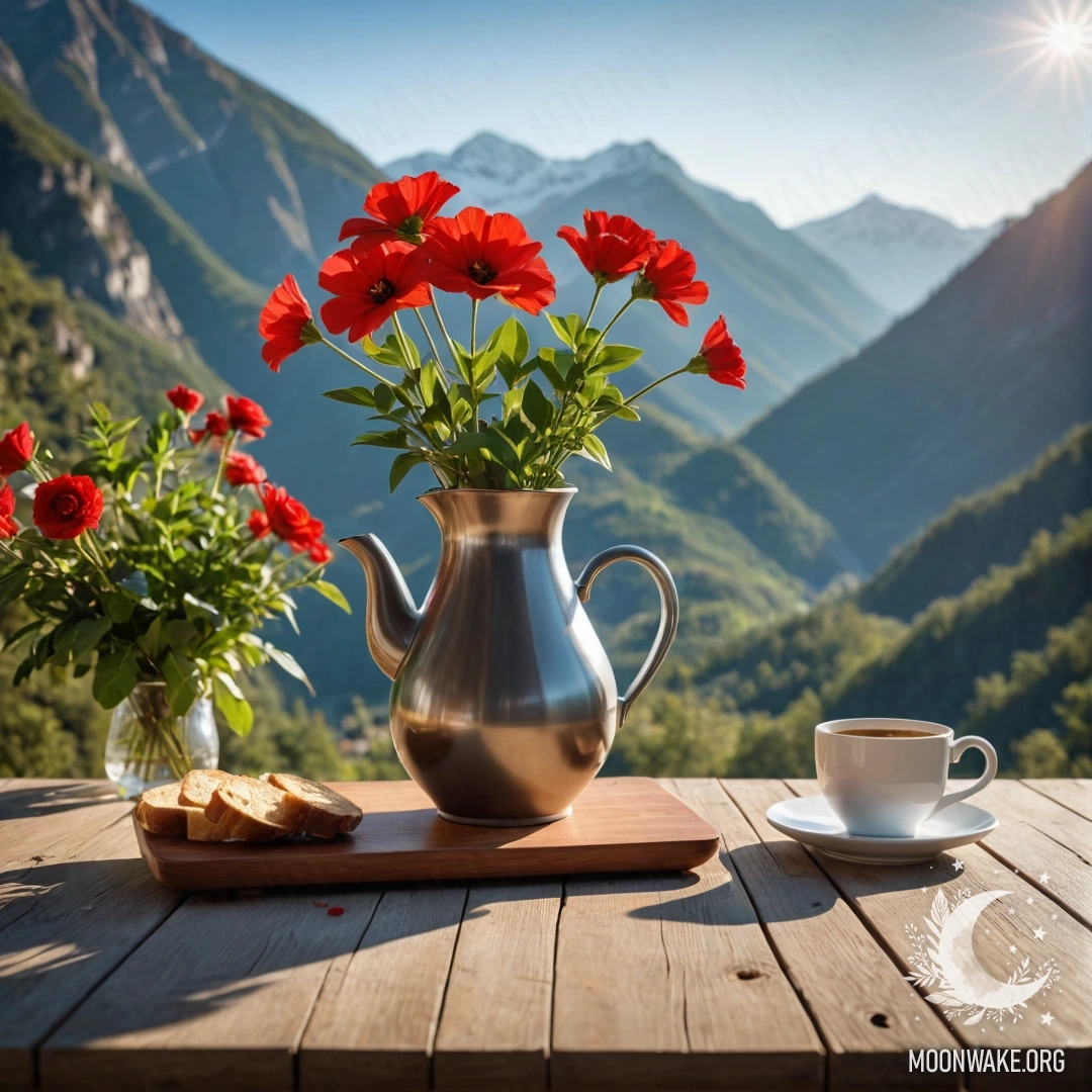 A wooden table adorned with a jar of red flowers and a coffee pot, set against a mountainous background with sun rays illuminating the scene.