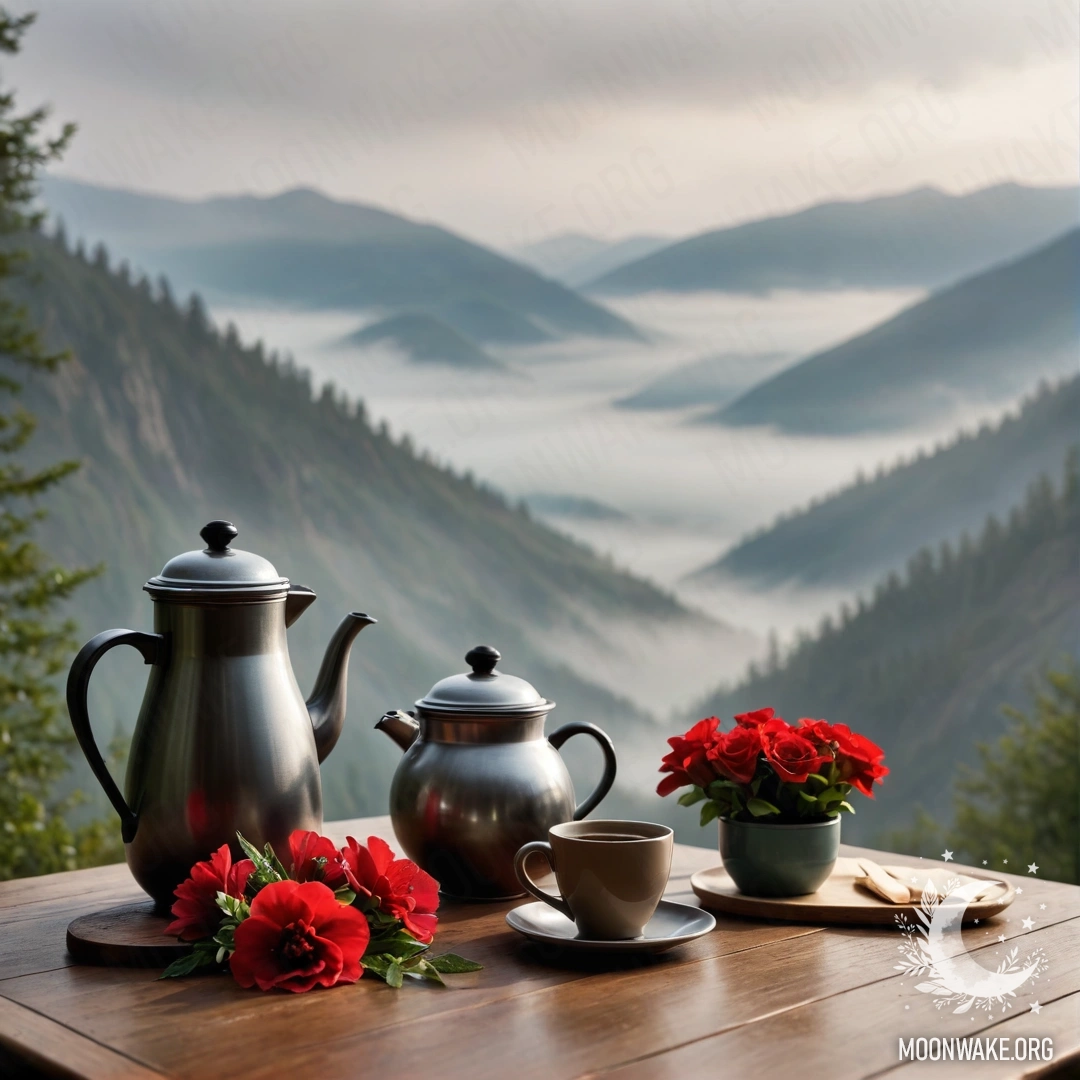 Misty Mountain Table with Flowers and Coffee An abstract wooden table set against misty mountains, featuring a jar of red flowers, a coffee pot, and cups.