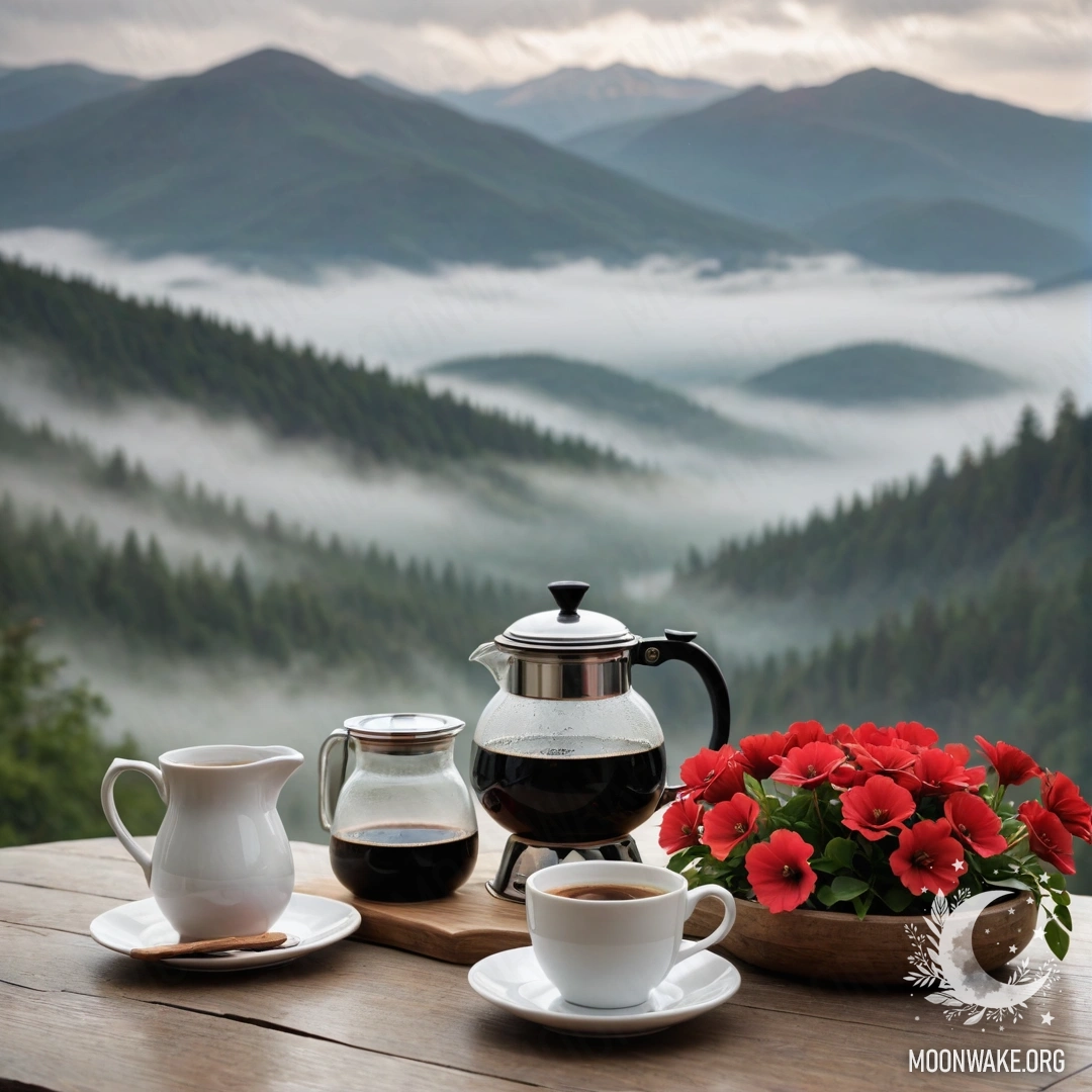 An abstract wooden table in a foggy mountain setting with a jar of red flowers, a coffee pot, and cups.