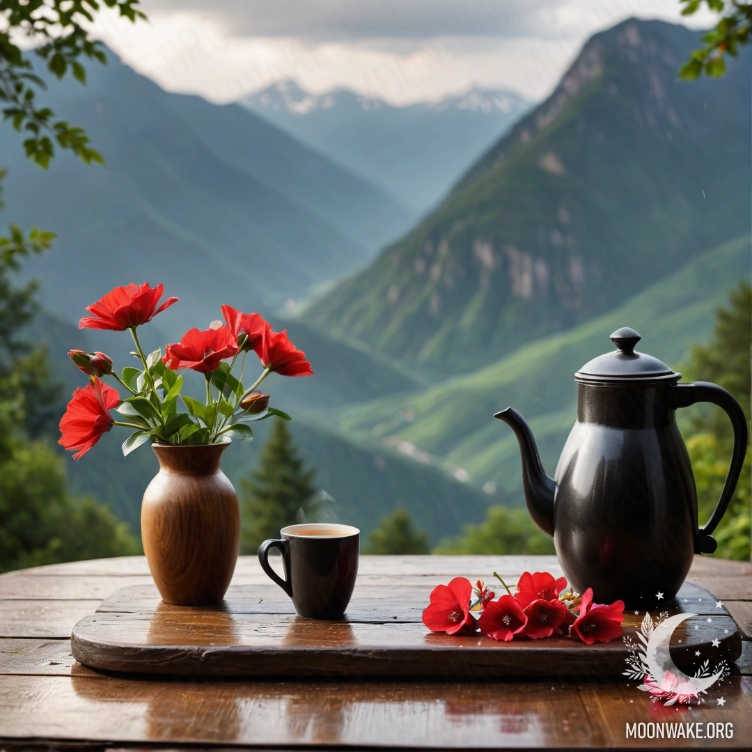 Serene Mountain Table with Flowers An abstract wooden table set against a mountain backdrop, adorned with a jar of red flowers, a coffee pot, and cups, all under falling rain.