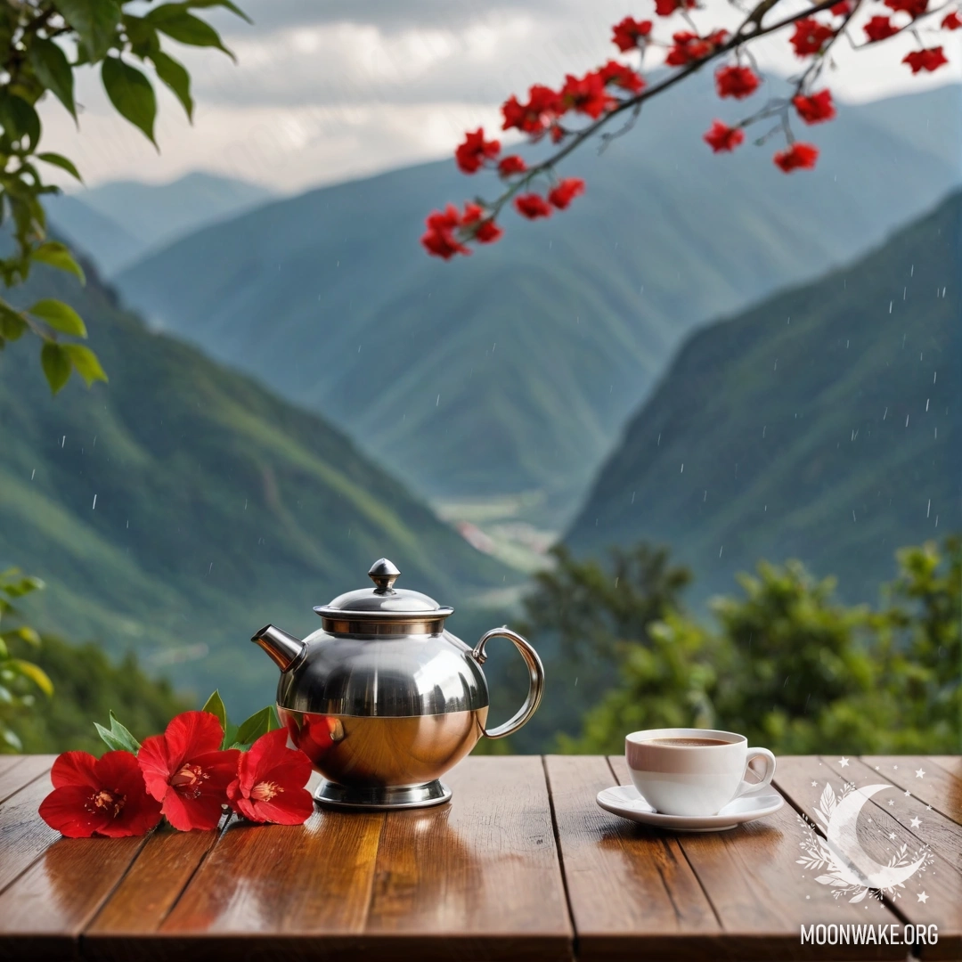 A wooden table set against a mountainous backdrop with a jar of red flowers and coffee pots under the rain.