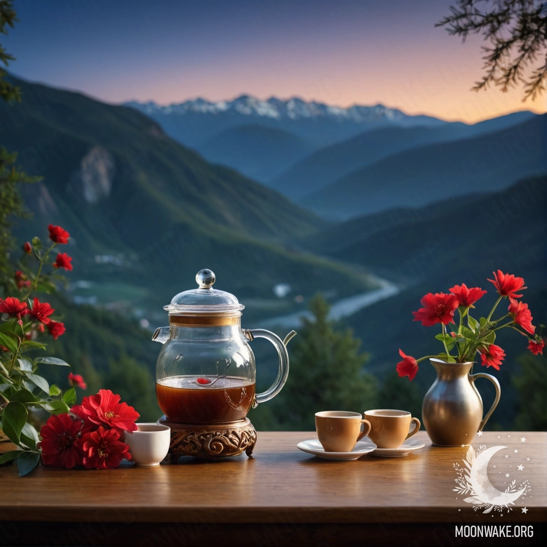 Cozy Night Coffee Scene A calm wooden table with a jar of red flowers, a coffee pot, and cups against a mountain backdrop at night.