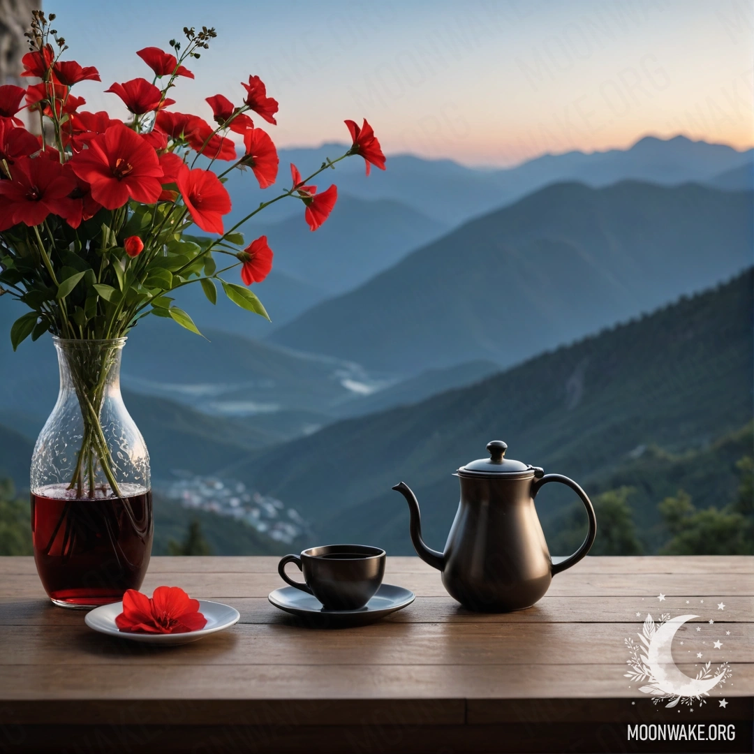 Serene Night at a Wooden Table A wooden table adorned with a jar of red flowers, a coffee pot, and cups, set against a mountain backdrop at night.