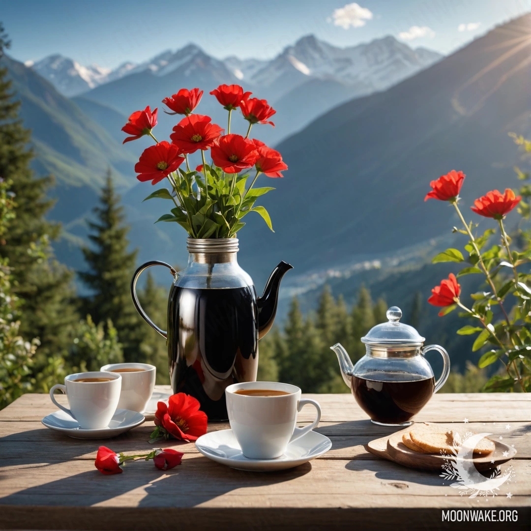 Wooden Table with Flowers and Coffee in Mountain Landscape A wooden table featuring a jar of red flowers, a coffee pot, and cups, set against a mountainous backdrop with sunlight streaming.
