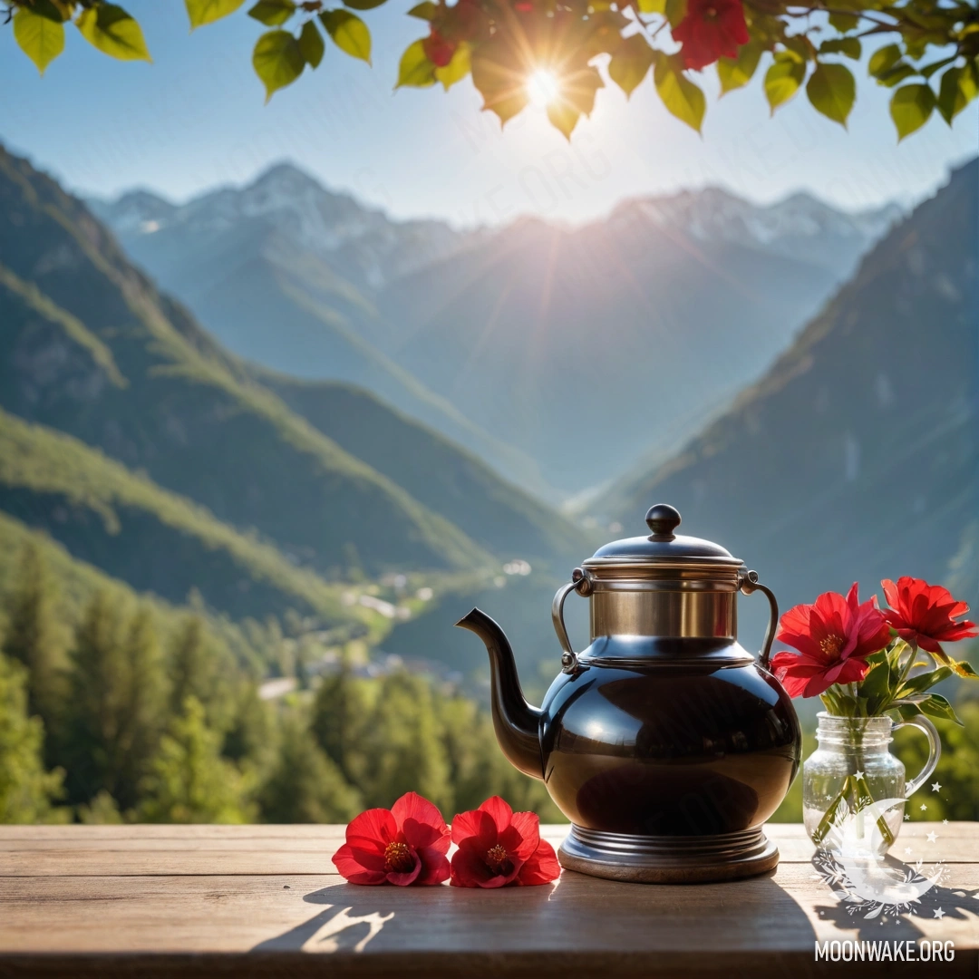 Wooden Table with Flowers and Coffee Pot A beautifully arranged wooden table featuring a jar of red flowers and a coffee pot, set against a picturesque mountain background.