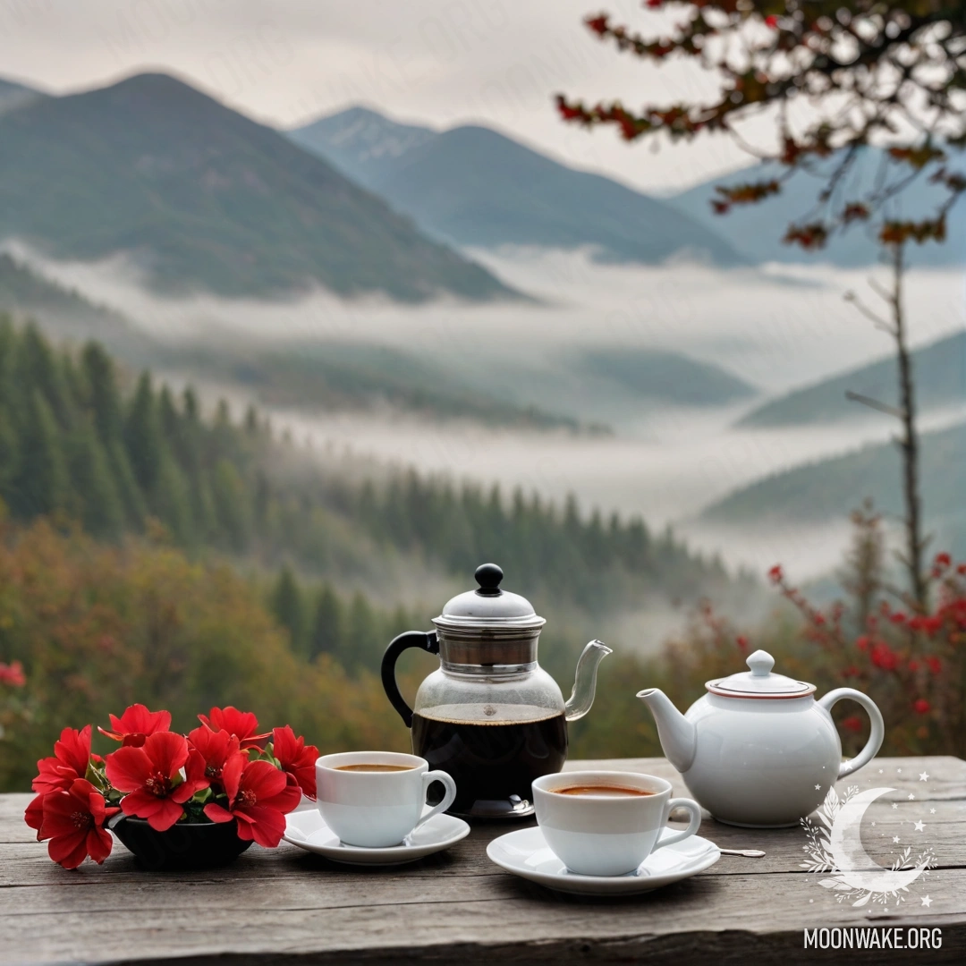 A wooden table with a jar of red flowers, a coffee pot, and cups against a backdrop of misty mountains.
