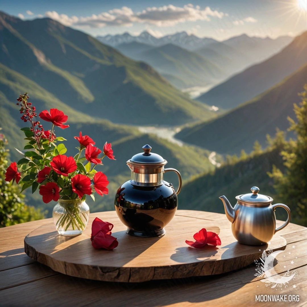 Wooden Table with Flowers and Mountain View A wooden table adorned with a jar of red flowers, a coffee pot, and cups, set against a stunning mountainous backdrop illuminated by sun rays.