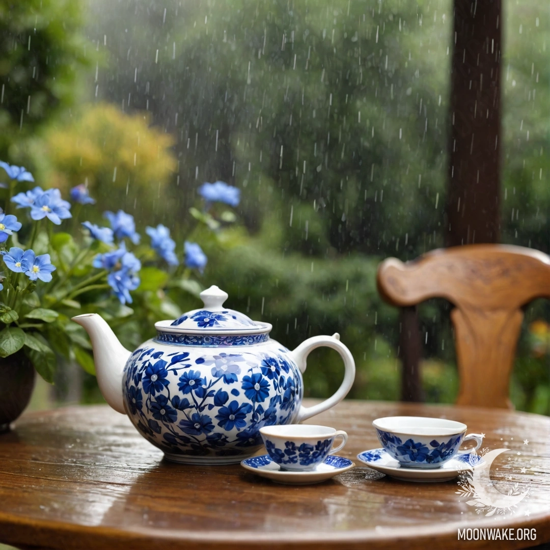 A round wooden table with a porcelain teapot filled with blue flowers under the rain.