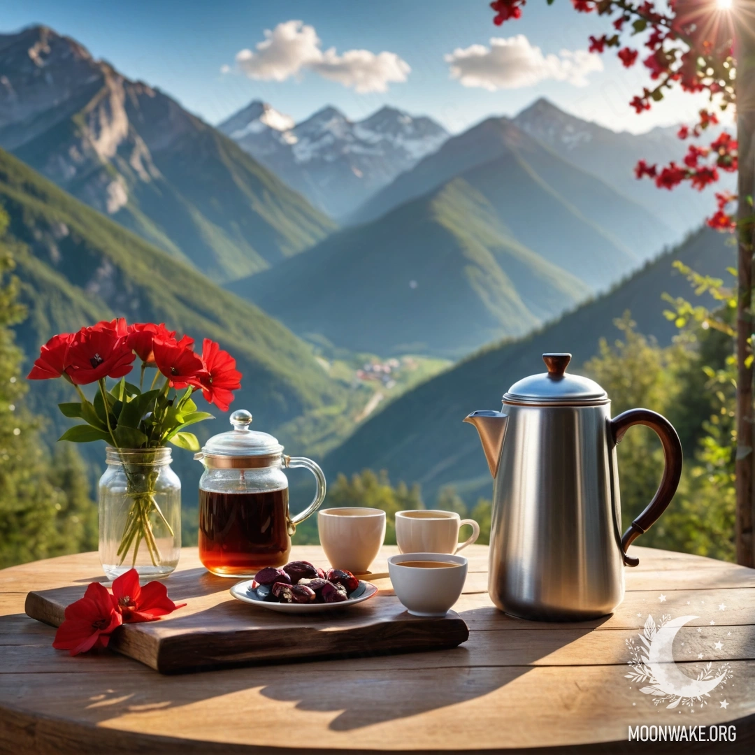Wooden Table with Flowers and Coffee in Mountain Setting A beautiful wooden table set with a jar of red flowers, a coffee pot, and cups, against a scenic mountain background with rays of sunlight.