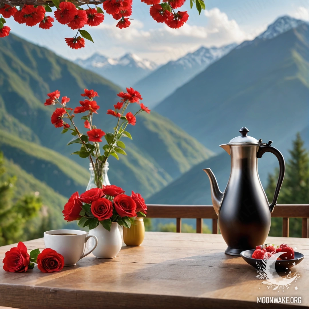 A wooden table adorned with a jar of red flowers, a coffee pot, and cups, illuminated by garland lights, with mountains in the background.