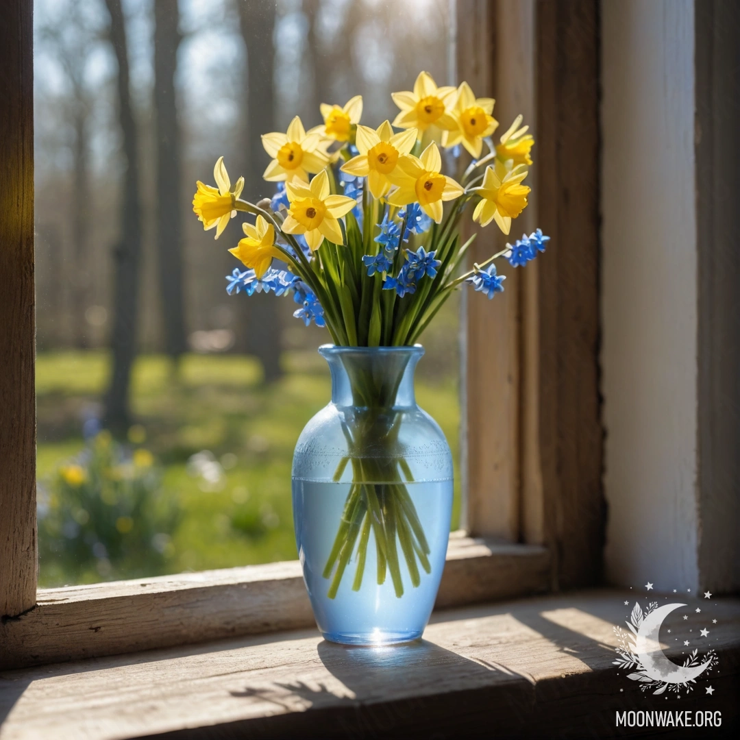 Serene Wooden Window Sill with Flowers A delicate white porcelain vase with daffodils and forget-me-nots on a worn wooden window sill, illuminated by gentle sunlight.