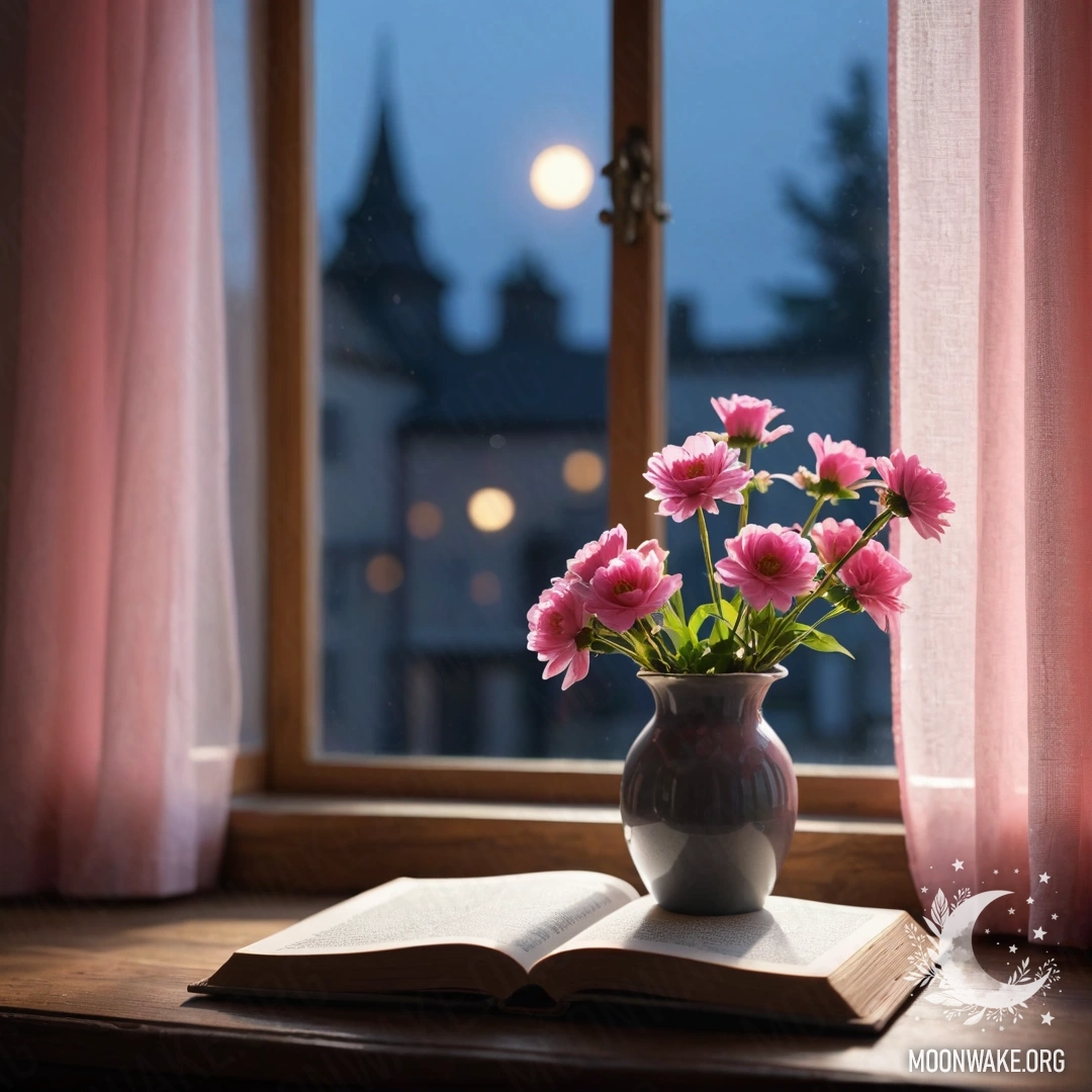A weathered wooden windowsill with an old book, a gray vase with pink flowers, and a pink curtain at night.
