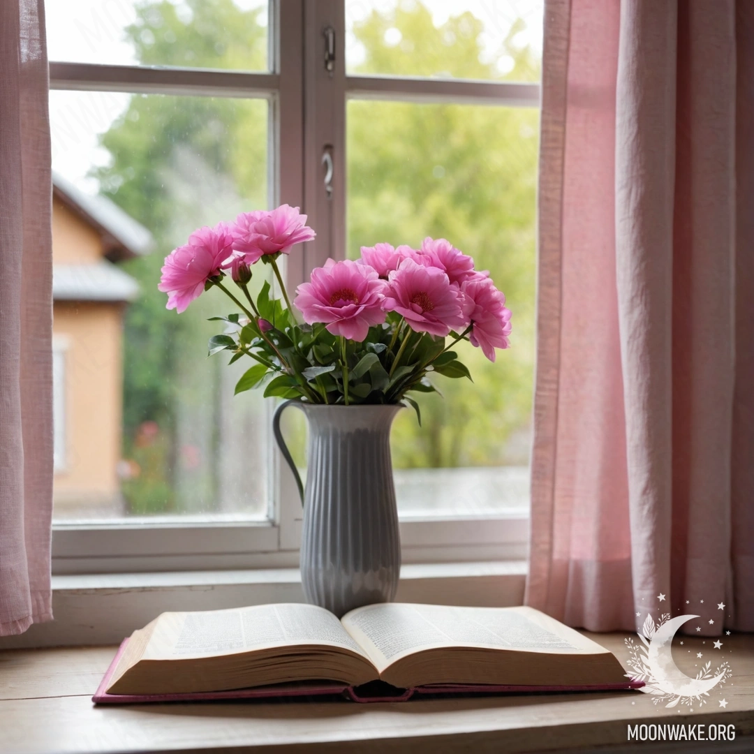 Charming Window Sill with Vintage Elements A wooden window sill featuring an old book and a gray vase with pink flowers, complemented by a pink curtain with sun rays streaming through.