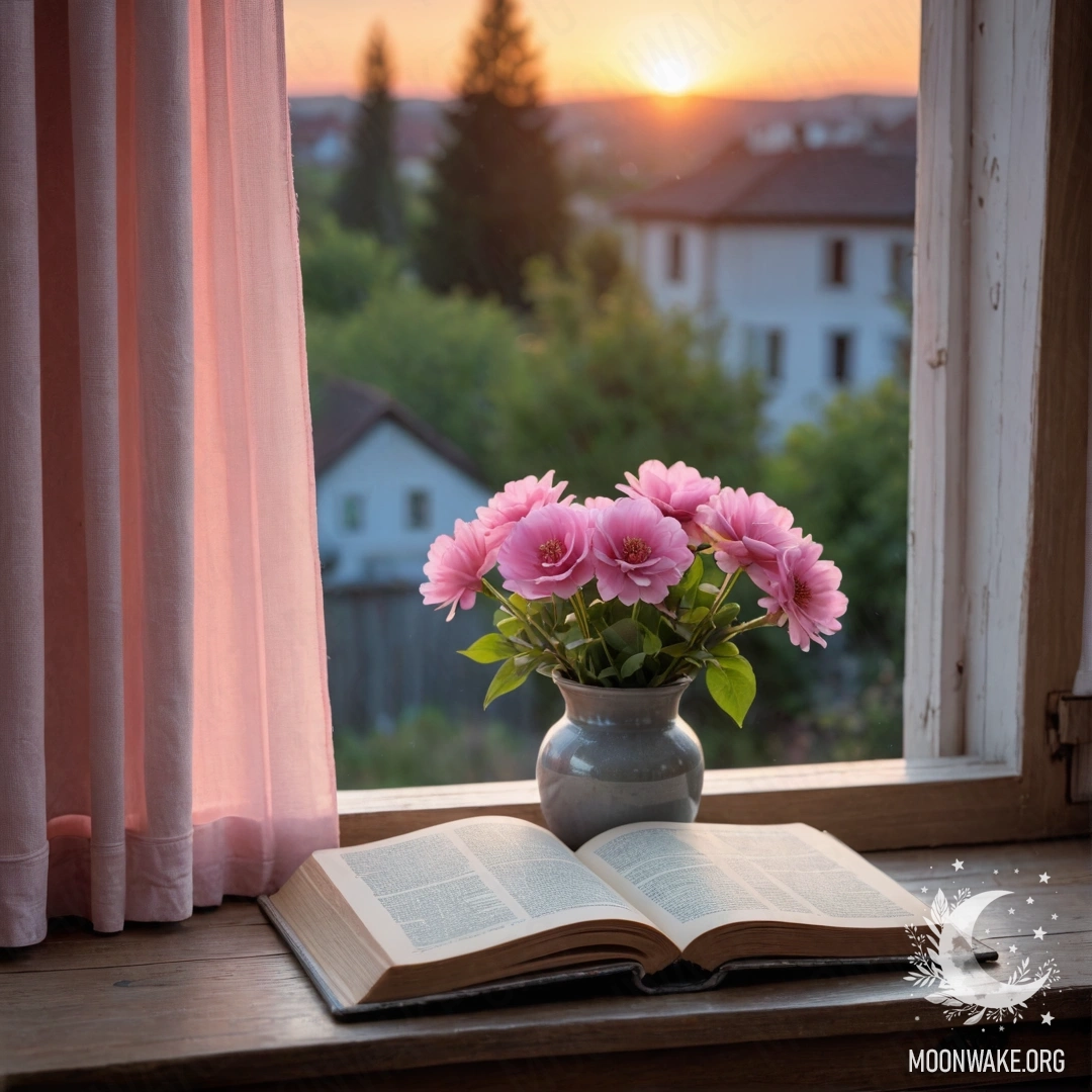 A wooden window sill featuring an old shabby book and a gray vase with pink flowers, draped with a pink curtain in the sunset light.
