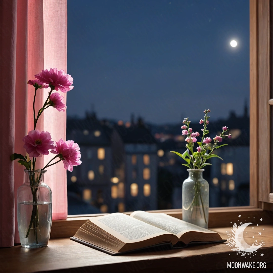 A wooden windowsill featuring an old shabby book, a gray vase with pink flowers, and soft pink curtains at night.
